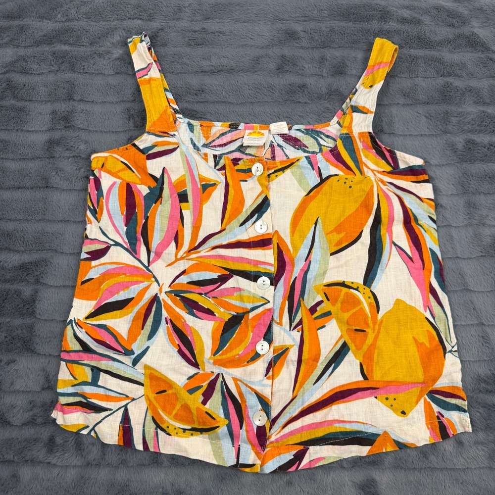 C&C California Women M Linen Tank Top Tropical Citrus Fruit Button Front Orange